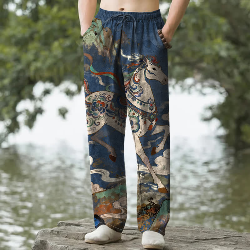 Buddha Stones Pantalon fuselé pour homme en coton vintage à motif de chevaux au galop, avec poches - Marine - US/UK/AU50，EU60 (5XL) - image 0