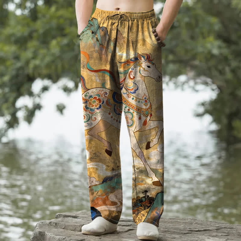 Buddha Stones Pantalon fuselé pour homme en coton vintage à motif de chevaux au galop, avec poches - Or - US/UK/AU50，EU60 (5XL) - image 4