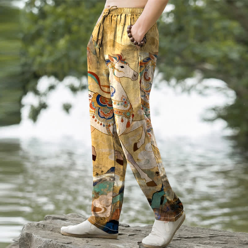 Buddha Stones Pantalon fuselé pour homme en coton vintage à motif de chevaux au galop, avec poches - image 5