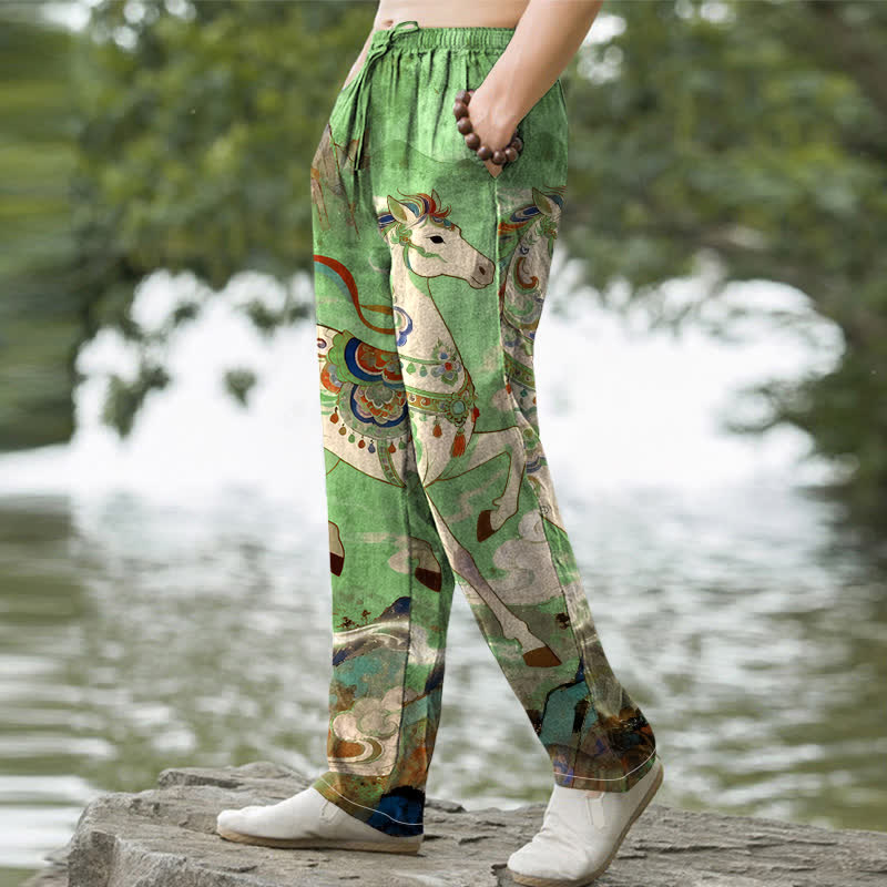 Buddha Stones Pantalon fuselé pour homme en coton vintage à motif de chevaux au galop, avec poches - image 7