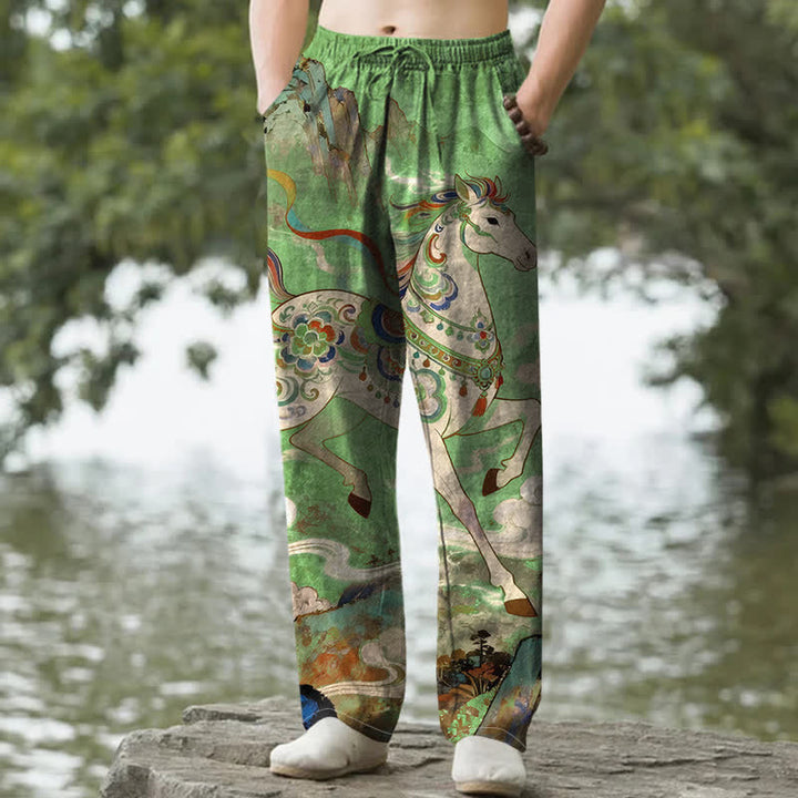 Buddha Stones Pantalon fuselé pour homme en coton vintage à motif de chevaux au galop, avec poches - Vert citron - US/UK/AU50，EU60 (5XL) - image 6