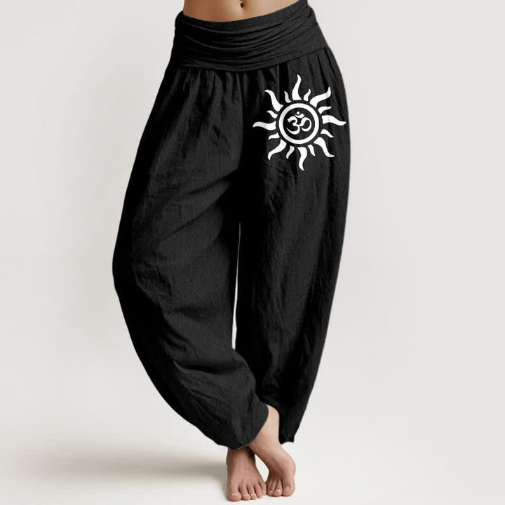 Buddha Stones Pantalon harem pour femme en pur coton à motif Sun Om et taille élastique - Noir - US16，UK/AU20，EU48 (3XL) - image 0