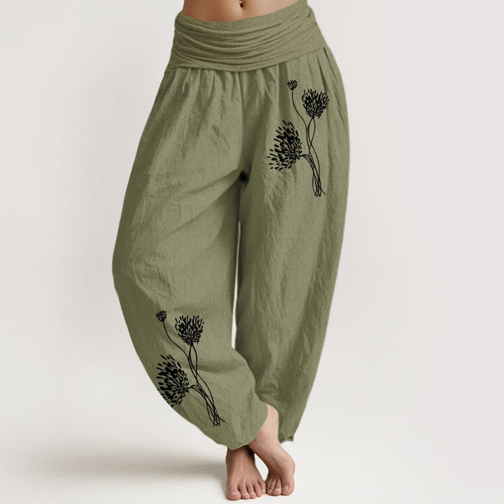 Buddha Stones Pantalon harem pour femme en pur coton à motif botanique et taille élastique - Vert olive - US16，UK/AU20，EU48 (3XL) - image 14