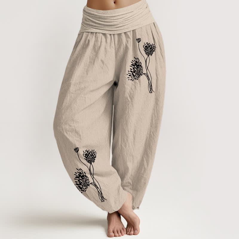 Buddha Stones Pantalon harem pour femme en pur coton à motif botanique et taille élastique - Tanné - US16，UK/AU20，EU48 (3XL) - image 0