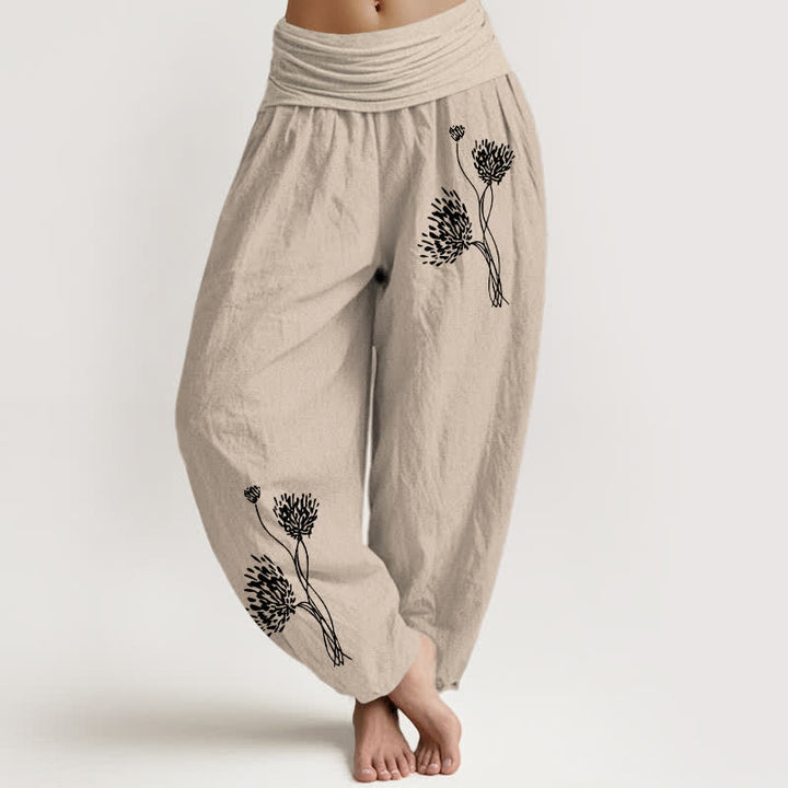 Buddha Stones Pantalon harem pour femme en pur coton à motif botanique et taille élastique - Tanné - US16，UK/AU20，EU48 (3XL) - image 0