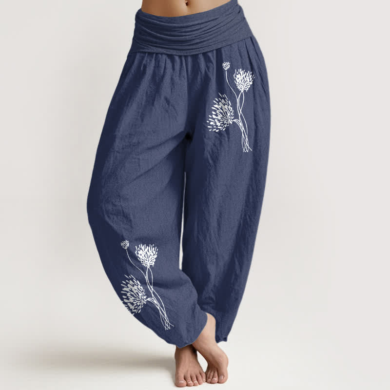 Buddha Stones Pantalon harem pour femme en pur coton à motif botanique et taille élastique - Bleu ardoise foncé - US16，UK/AU20，EU48 (3XL) - image 8