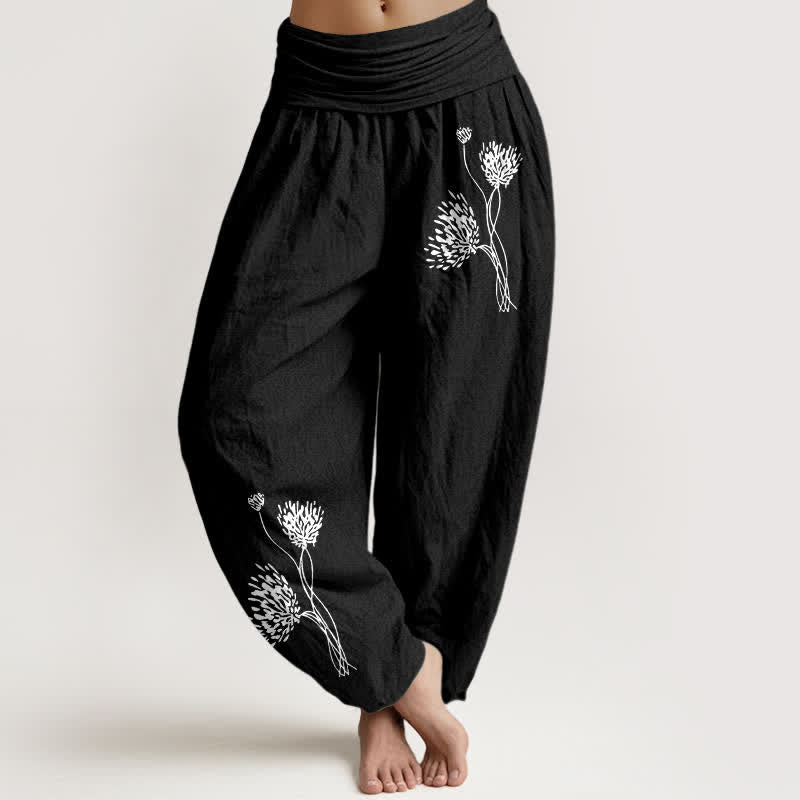 Buddha Stones Pantalon harem pour femme en pur coton à motif botanique et taille élastique - Noir - US16，UK/AU20，EU48 (3XL) - image 5