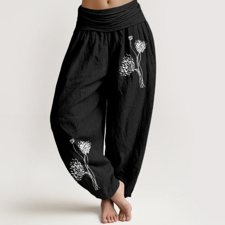 Buddha Stones Pantalon harem pour femme en pur coton à motif botanique et taille élastique - Noir - US16，UK/AU20，EU48 (3XL) - image 5