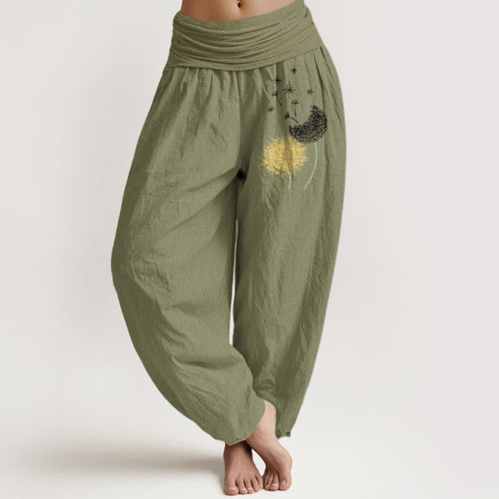 Buddha Stones Pantalon harem pour femme en pur coton à motif pissenlit et taille élastique - Vert olive - US16，UK/AU20，EU48 (3XL) - image 14