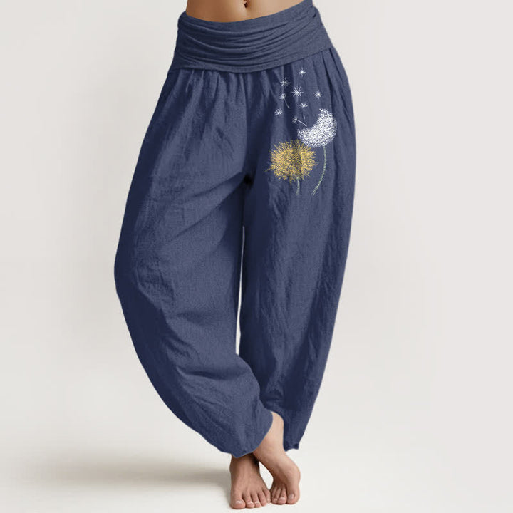 Buddha Stones Pantalon harem pour femme en pur coton à motif pissenlit et taille élastique - Bleu ardoise foncé - US16，UK/AU20，EU48 (3XL) - image 5