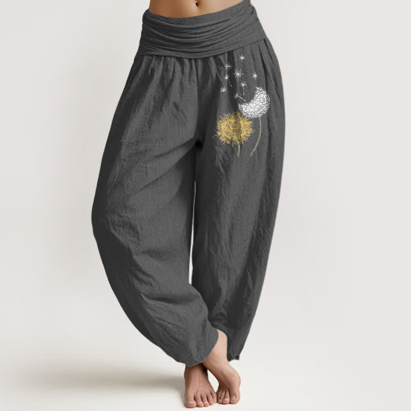 Buddha Stones Pantalon harem pour femme en pur coton à motif pissenlit et taille élastique - Gris terne - US16，UK/AU20，EU48 (3XL) - image 8