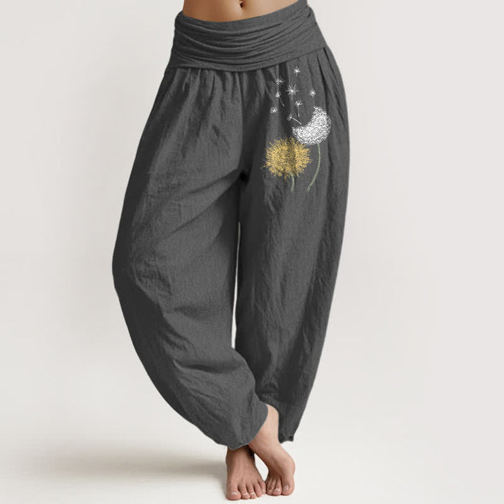 Buddha Stones Pantalon harem pour femme en pur coton à motif pissenlit et taille élastique - Gris terne - US16，UK/AU20，EU48 (3XL) - image 8