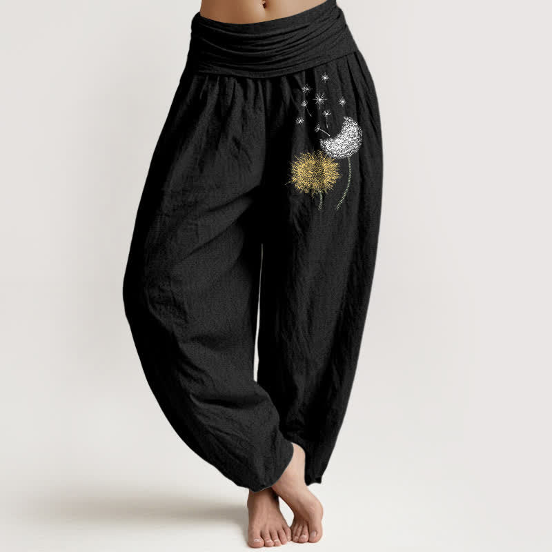 Buddha Stones Pantalon harem pour femme en pur coton à motif pissenlit et taille élastique - Noir - US16，UK/AU20，EU48 (3XL) - image 0