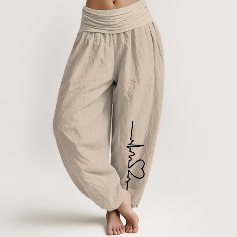Buddha Stones Pantalon harem femme en pur coton à motif cœur et taille élastique - Tanné - US16，UK/AU20，EU48 (3XL) - image 0