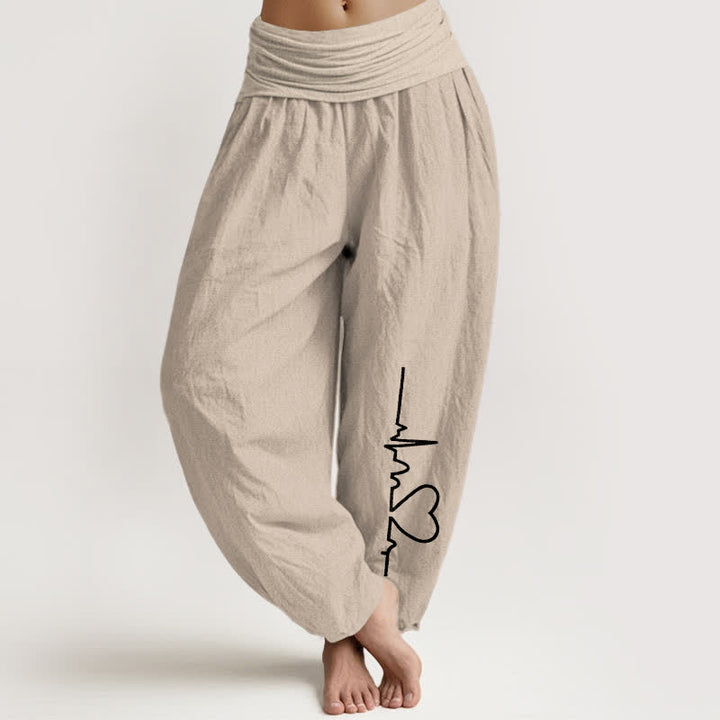 Buddha Stones Pantalon harem femme en pur coton à motif cœur et taille élastique - Tanné - US16，UK/AU20，EU48 (3XL) - image 0