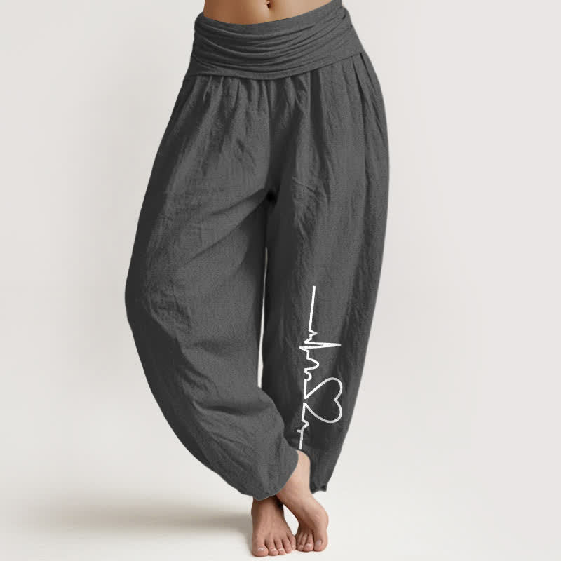 Buddha Stones Pantalon harem femme en pur coton à motif cœur et taille élastique - Gris terne - US16，UK/AU20，EU48 (3XL) - image 11