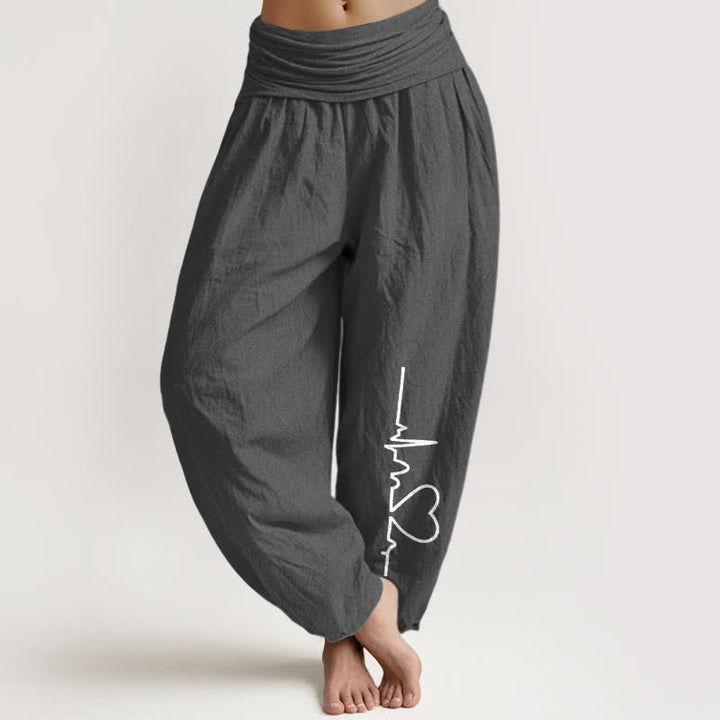 Buddha Stones Pantalon harem femme en pur coton à motif cœur et taille élastique - Gris terne - US16，UK/AU20，EU48 (3XL) - image 11