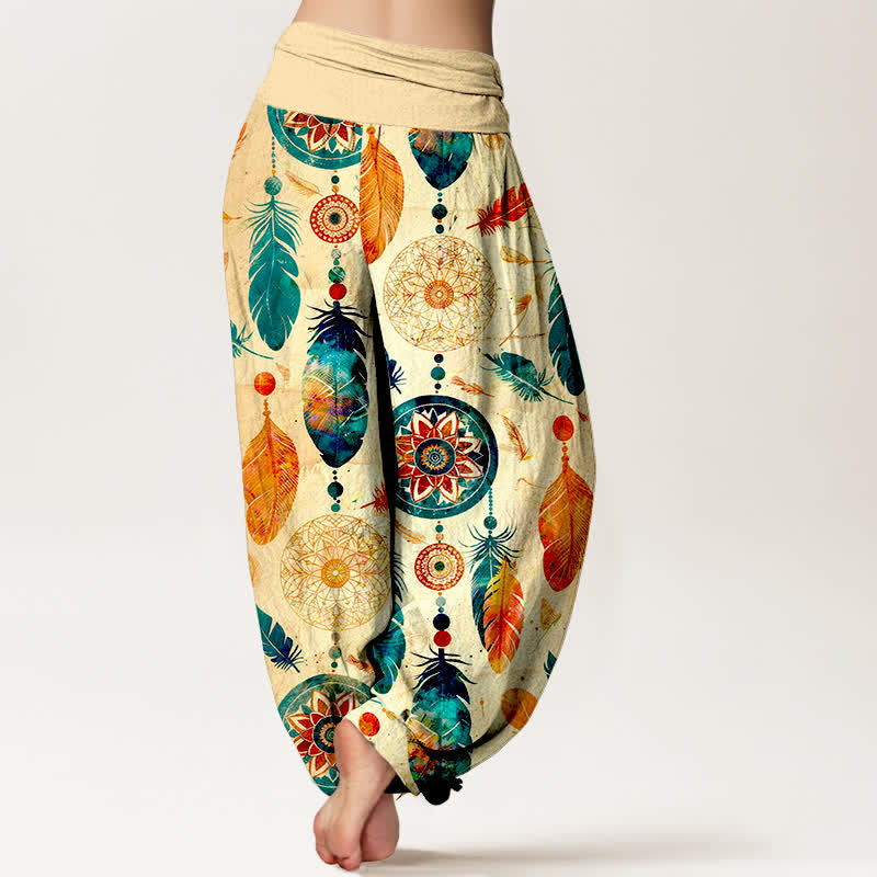 Buddha Stones Pantalon harem femme en pur coton à motif plumes attrape-rêves et taille élastique - image 2