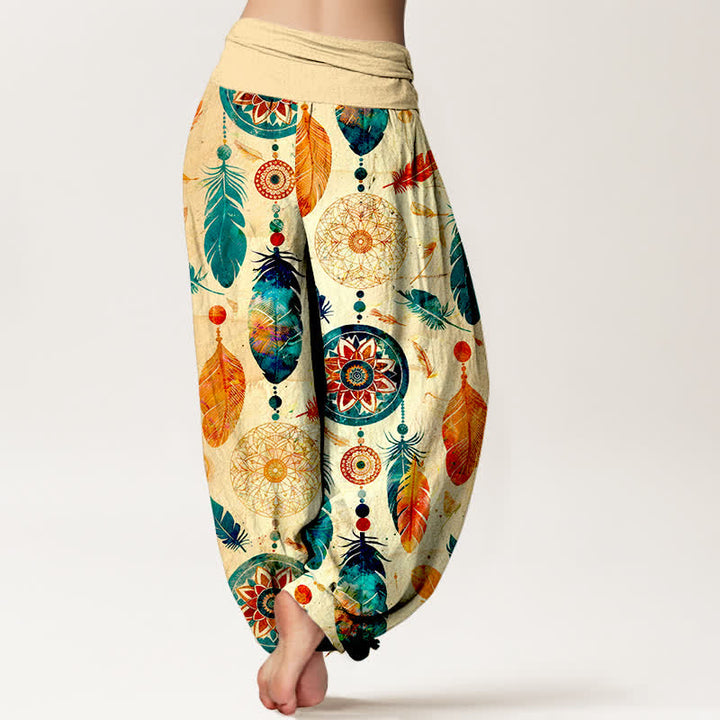 Buddha Stones Pantalon harem femme en pur coton à motif plumes attrape-rêves et taille élastique - image 2