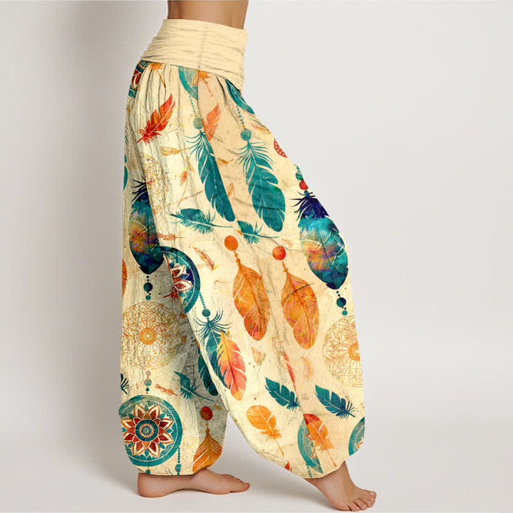 Buddha Stones Pantalon harem femme en pur coton à motif plumes attrape-rêves et taille élastique - image 1