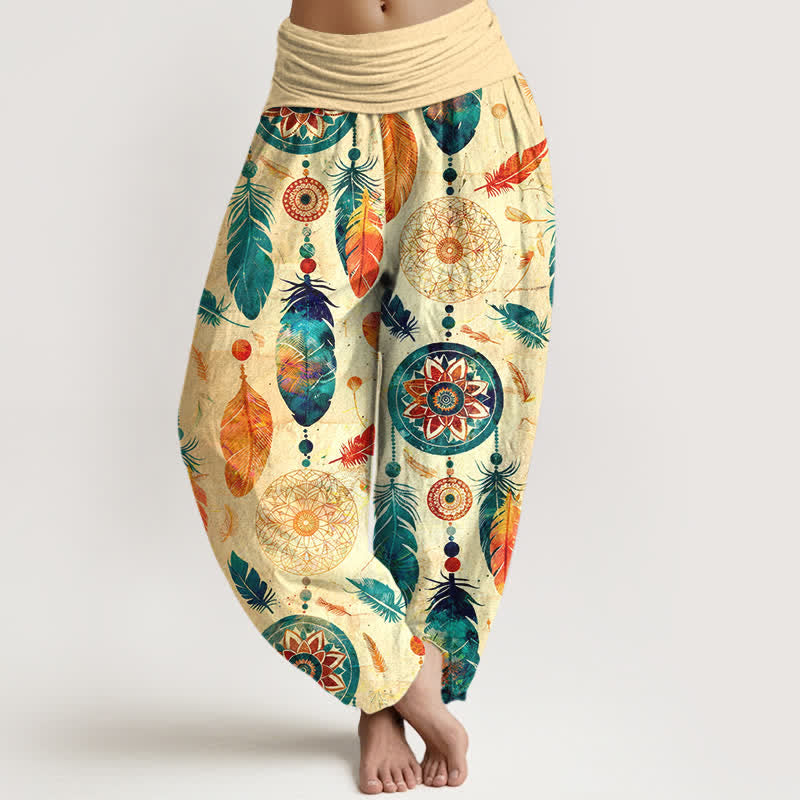 Buddha Stones Pantalon harem femme en pur coton à motif plumes attrape-rêves et taille élastique - Blé - US16，UK/AU20，EU48 (3XL) - image 0