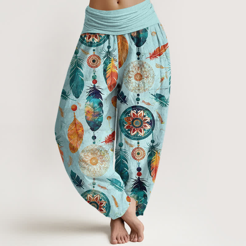 Buddha Stones Pantalon harem femme en pur coton à motif plumes attrape-rêves et taille élastique - Turquoise - US16，UK/AU20，EU48 (3XL) - image 5