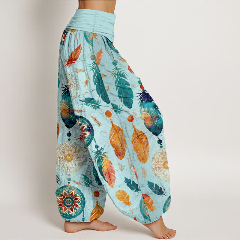Buddha Stones Pantalon harem femme en pur coton à motif plumes attrape-rêves et taille élastique - image 6