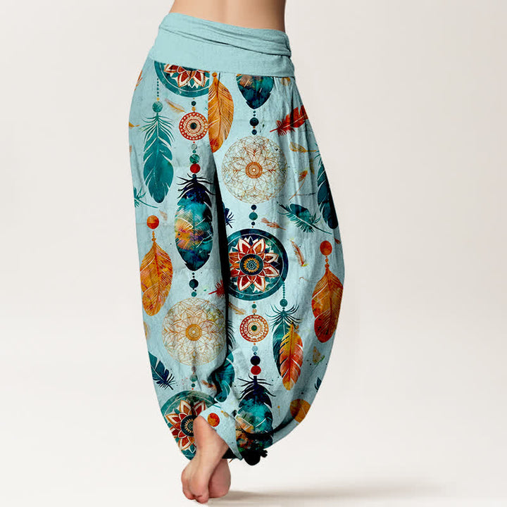 Buddha Stones Pantalon harem femme en pur coton à motif plumes attrape-rêves et taille élastique - image 7