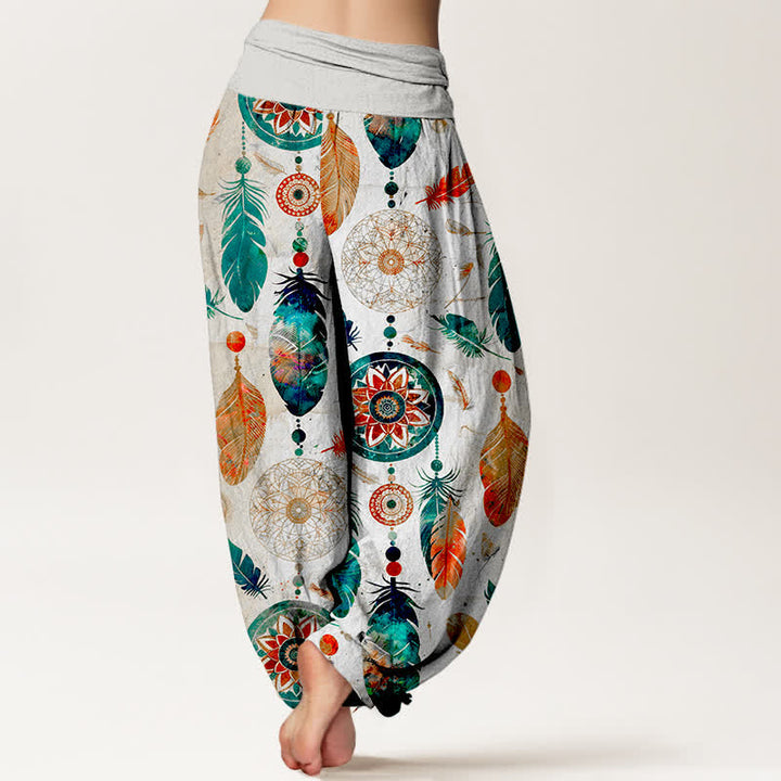 Buddha Stones Pantalon harem femme en pur coton à motif plumes attrape-rêves et taille élastique - image 10