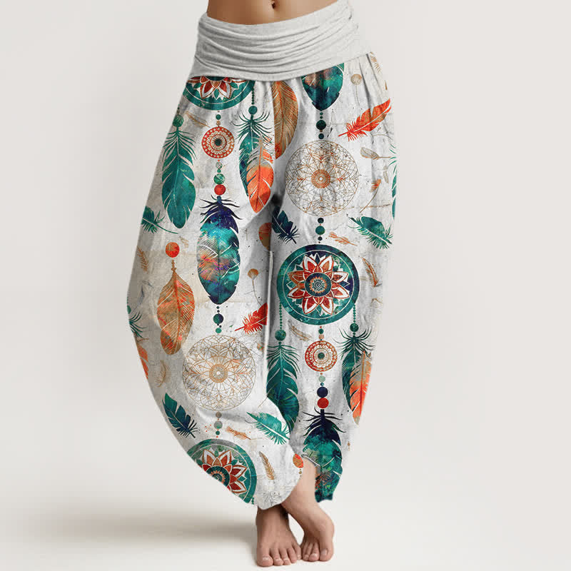 Buddha Stones Pantalon harem femme en pur coton à motif plumes attrape-rêves et taille élastique - Blanc - US16，UK/AU20，EU48 (3XL) - image 8