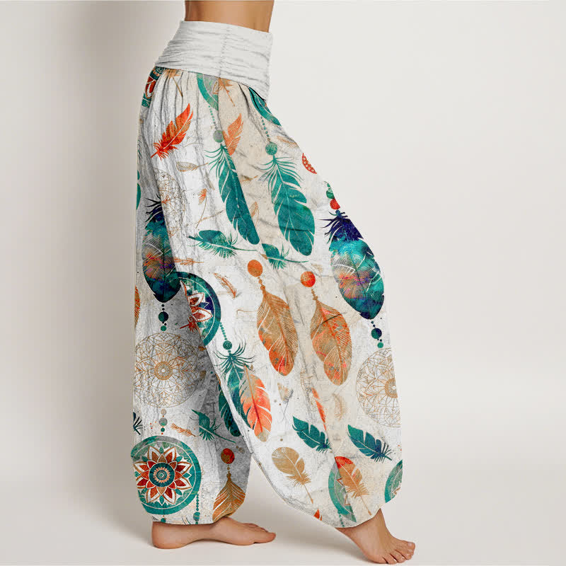 Buddha Stones Pantalon harem femme en pur coton à motif plumes attrape-rêves et taille élastique - image 9