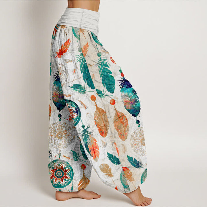 Buddha Stones Pantalon harem femme en pur coton à motif plumes attrape-rêves et taille élastique - image 9