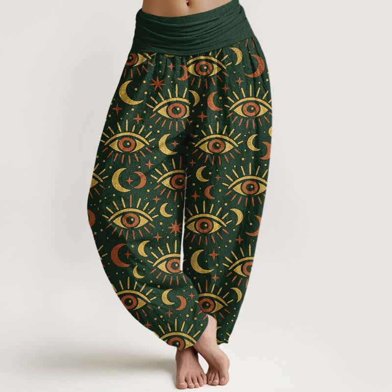 Buddha Stones Pantalon harem à taille élastique pour femme, en coton à motif œil mystique et lune - Vert foncé - US16，UK/AU20，EU48 (3XL) - image 0