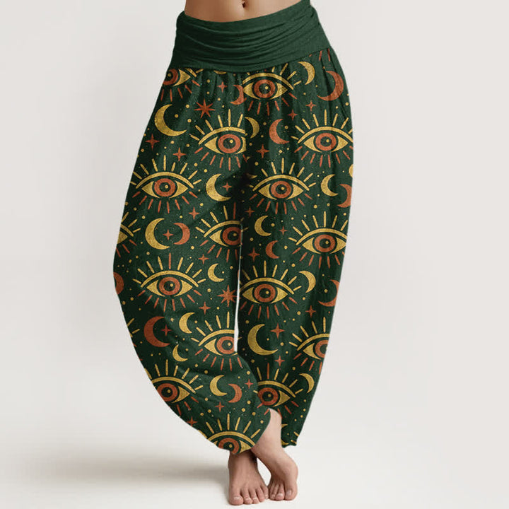 Buddha Stones Pantalon harem à taille élastique pour femme, en coton à motif œil mystique et lune - Vert foncé - US16，UK/AU20，EU48 (3XL) - image 0
