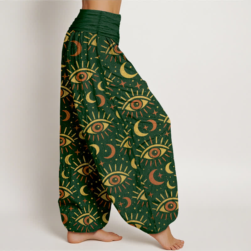 Buddha Stones Pantalon harem à taille élastique pour femme, en coton à motif œil mystique et lune - image 1