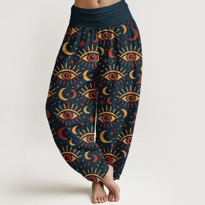 Buddha Stones Pantalon harem à taille élastique pour femme, en coton à motif œil mystique et lune - Bleu nuit - US16，UK/AU20，EU48 (3XL) - image 5