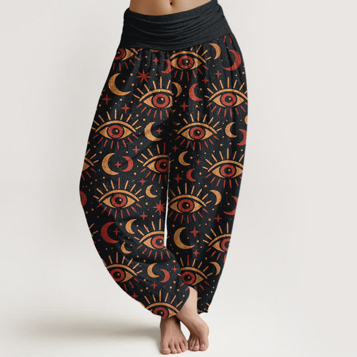 Buddha Stones Pantalon harem à taille élastique pour femme, en coton à motif œil mystique et lune - Noir - US16，UK/AU20，EU48 (3XL) - image 8