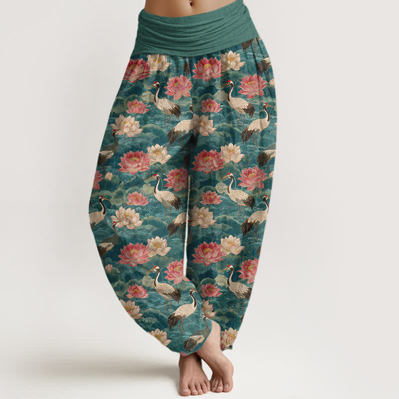 Buddha Stones Pantalon harem à taille élastique pour femme, motif lotus et grue en coton - Sarcelle - US16，UK/AU20，EU48 (3XL) - image 0