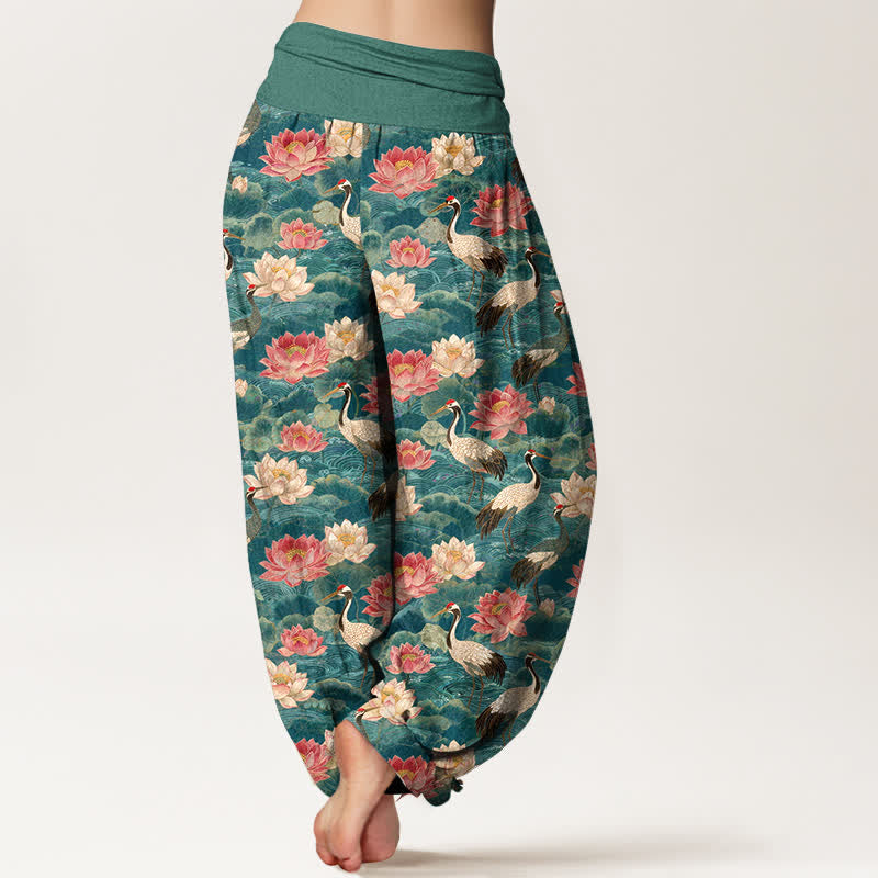 Buddha Stones Pantalon harem à taille élastique pour femme, motif lotus et grue en coton - image 2