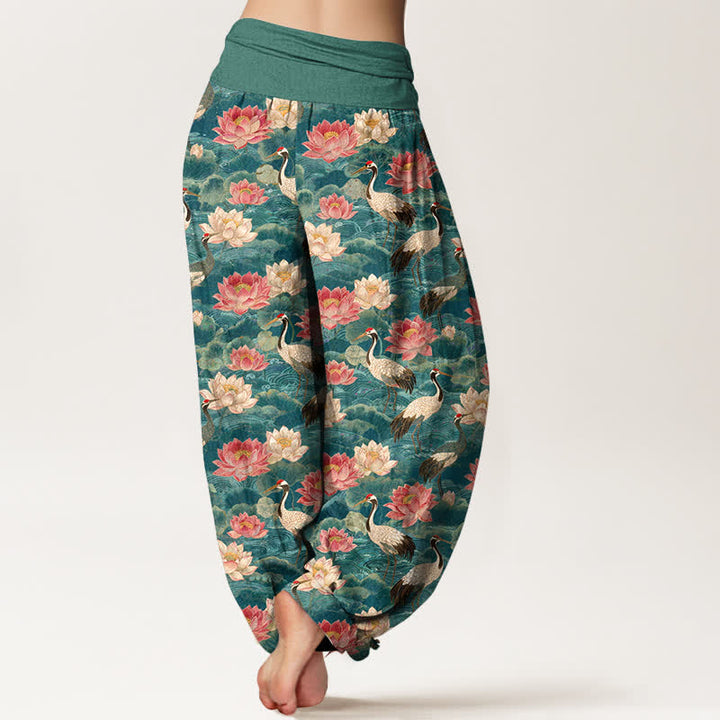 Buddha Stones Pantalon harem à taille élastique pour femme, motif lotus et grue en coton - image 2