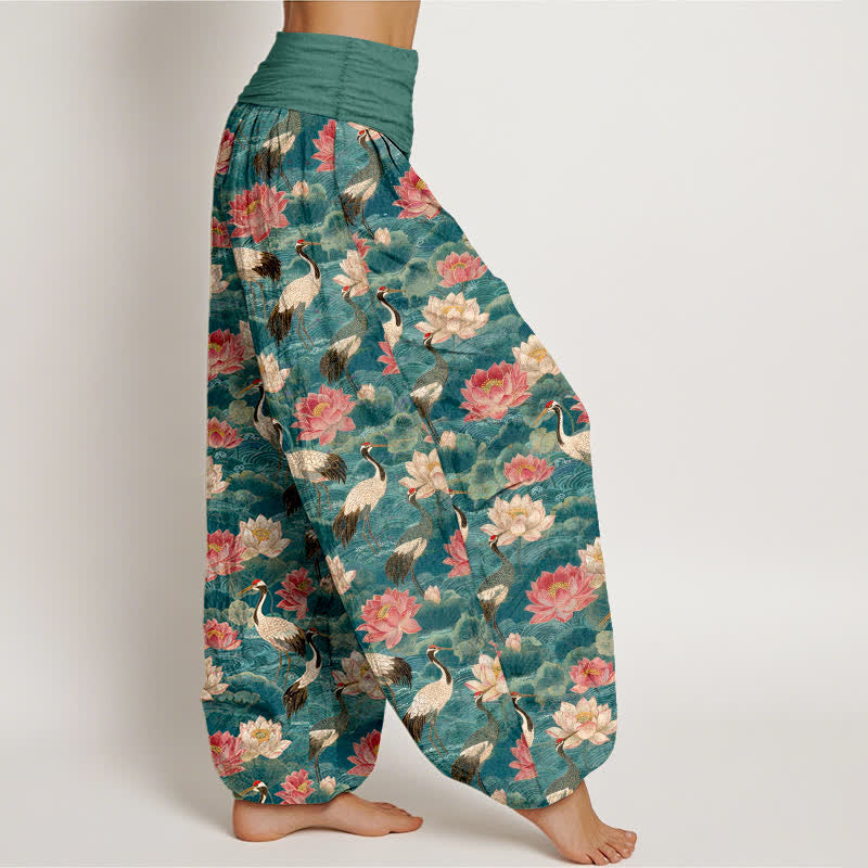 Buddha Stones Pantalon harem à taille élastique pour femme, motif lotus et grue en coton - image 1