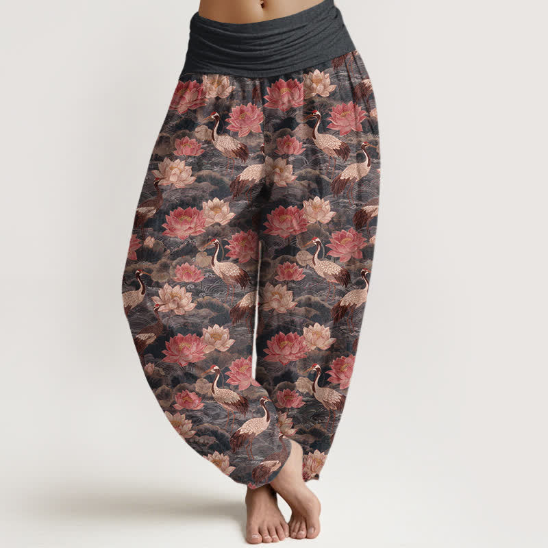 Buddha Stones Pantalon harem à taille élastique pour femme, motif lotus et grue en coton - Gris terne - US16，UK/AU20，EU48 (3XL) - image 5