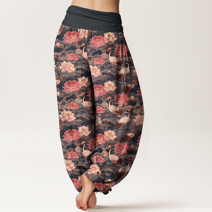 Buddha Stones Pantalon harem à taille élastique pour femme, motif lotus et grue en coton - image 7