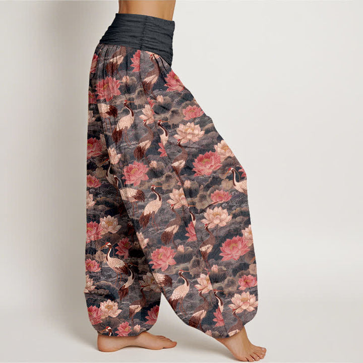Buddha Stones Pantalon harem à taille élastique pour femme, motif lotus et grue en coton - image 6
