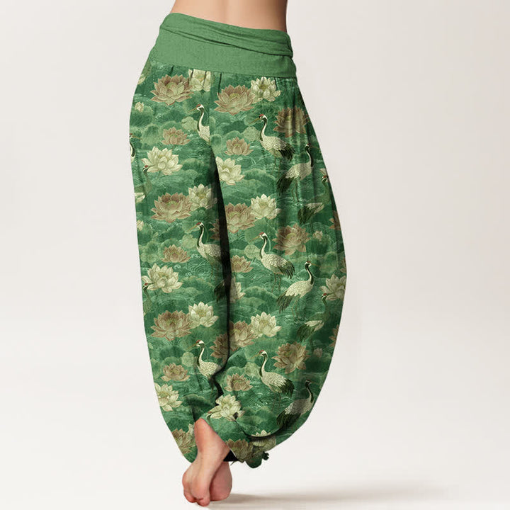 Buddha Stones Pantalon harem à taille élastique pour femme, motif lotus et grue en coton - image 10