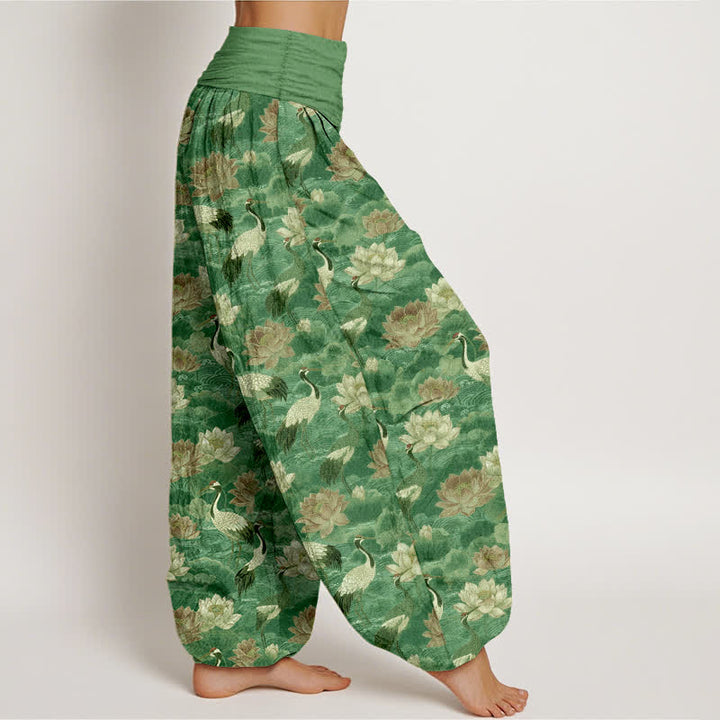 Buddha Stones Pantalon harem à taille élastique pour femme, motif lotus et grue en coton - image 9