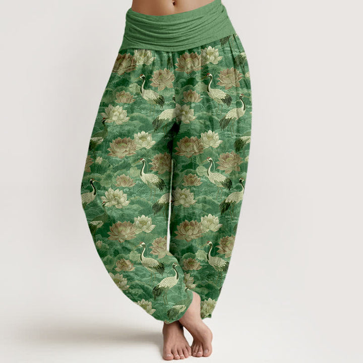 Buddha Stones Pantalon harem à taille élastique pour femme, motif lotus et grue en coton - Vert mer moyen - US16，UK/AU20，EU48 (3XL) - image 8
