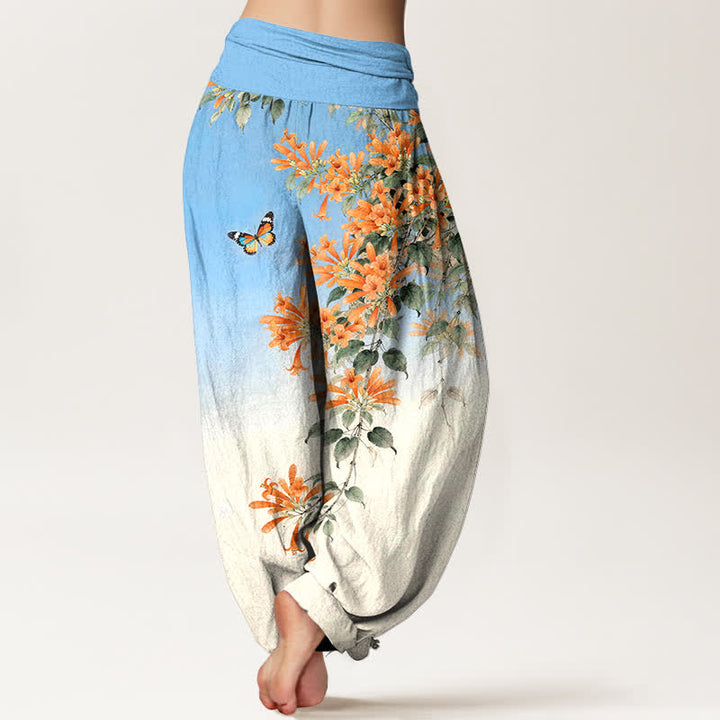 Buddha Stones Pantalon harem à taille élastique pour femme, en coton orange à motif floral et papillons - image 2