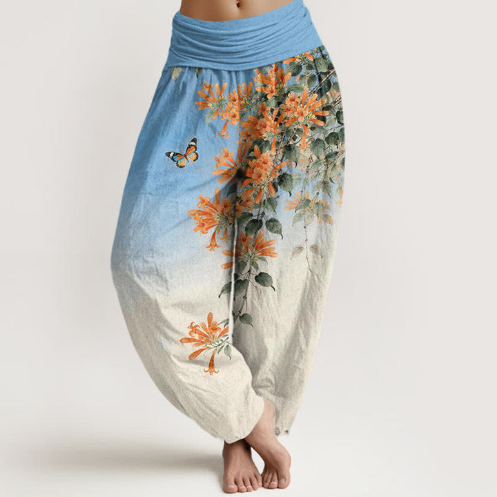 Buddha Stones Pantalon harem à taille élastique pour femme, en coton orange à motif floral et papillons - Bleu ciel profond - US16，UK/AU20，EU48 (3XL) - image 0