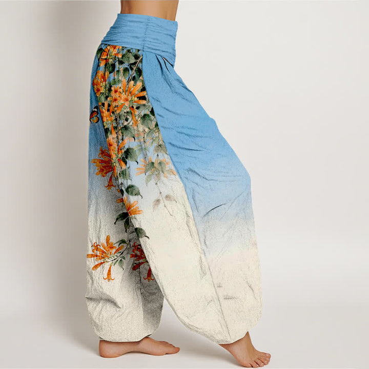 Buddha Stones Pantalon harem à taille élastique pour femme, en coton orange à motif floral et papillons - image 1